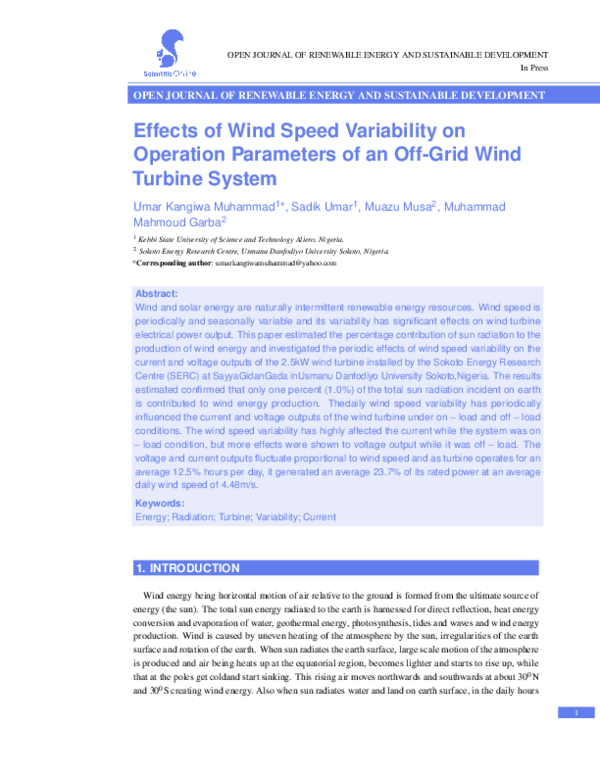 (PDF) Effects of Wind Speed Variability on Operation Parameters of an ...