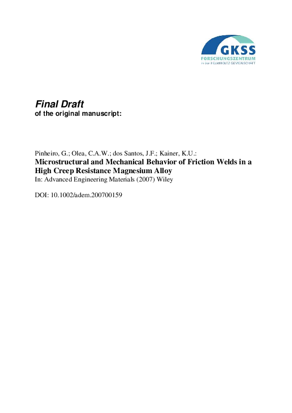 (PDF) Microstructural and Mechanical Behavior of Friction Welds in a ...