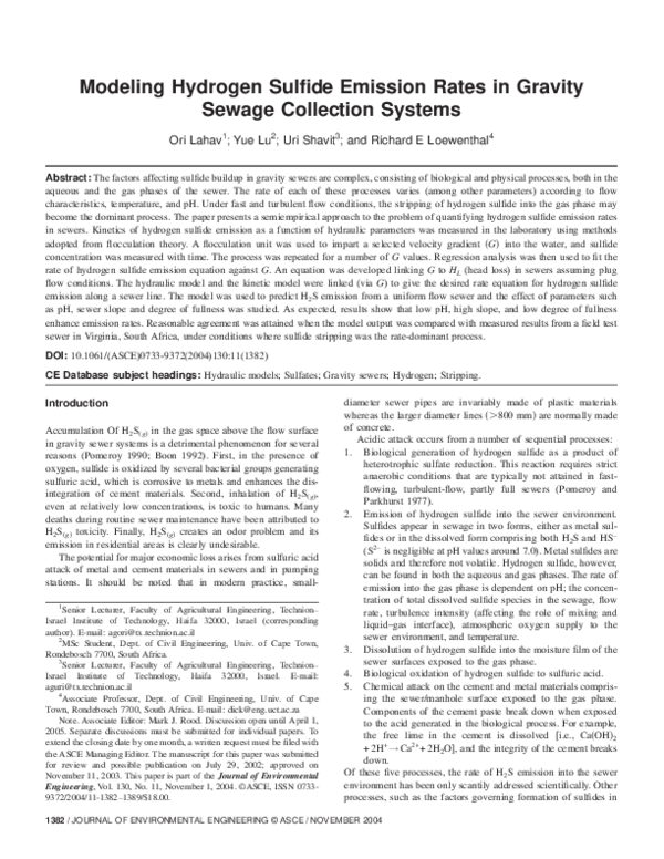 (PDF) Modeling Hydrogen Sulfide Emission Rates in Gravity Sewage ...