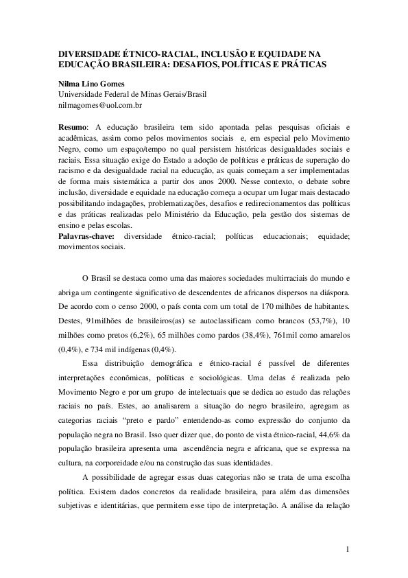 (PDF) DIVERSIDADE ÉTNICORACIAL, INCLUSÃO E EQUIDADE NA EDUCAÇÃO