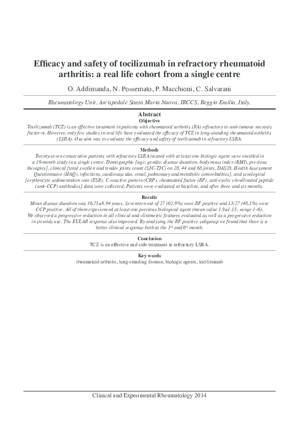 (PDF) Efficacy and safety of tocilizumab in refractory rheumatoid ...