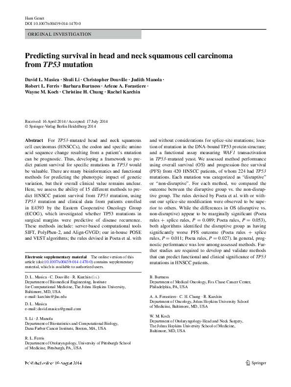 (PDF) Predicting survival in head and neck squamous cell carcinoma from ...