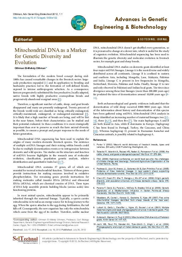 (PDF) Mitochondrial DNA as a Marker for Genetic Diversity and Evolution