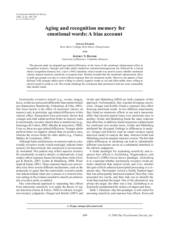 (PDF) Aging and recognition memory for emotional words: A bias account