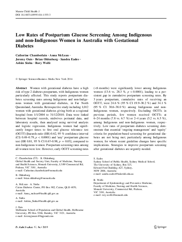 (PDF) Low Rates of Postpartum Glucose Screening Among Indigenous and ...