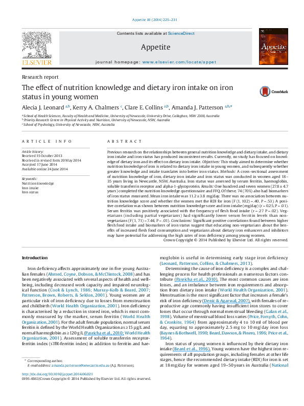(PDF) The effect of nutrition knowledge and dietary iron intake on iron ...