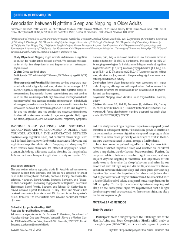 (PDF) Association between nighttime sleep and napping in older adults