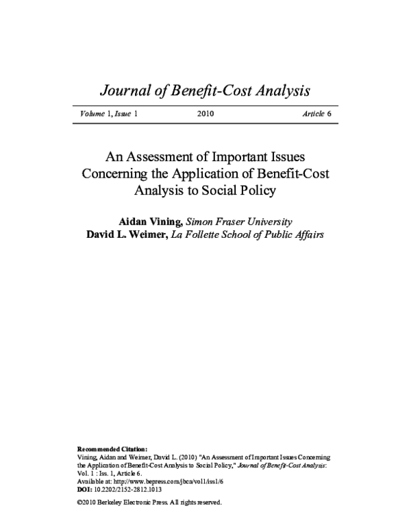 An Assessment of Important Issues Concerning the Application of Benefit-Cost Analysis to Social Policy