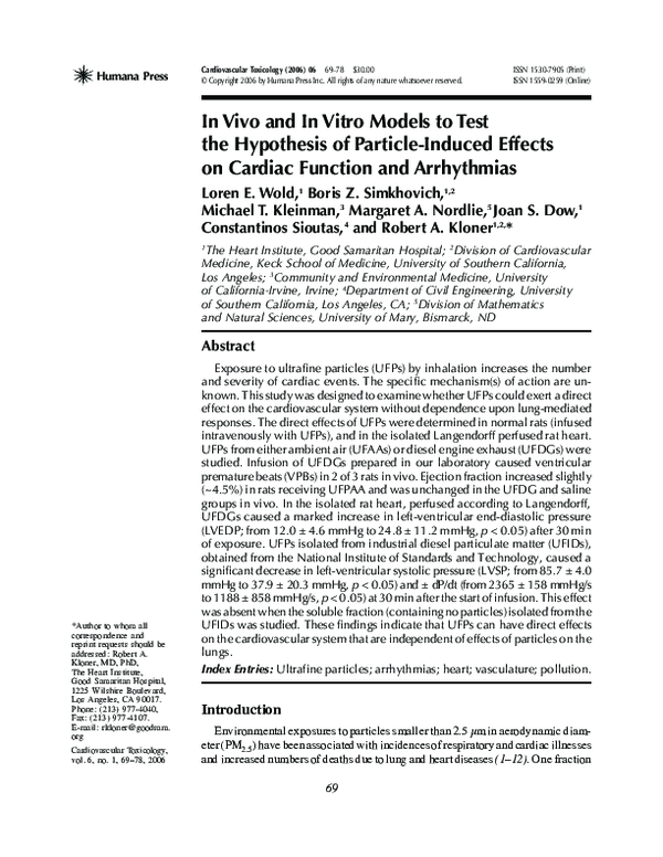 (PDF) In vivo and in vitro models to test the hypothesis of particle ...