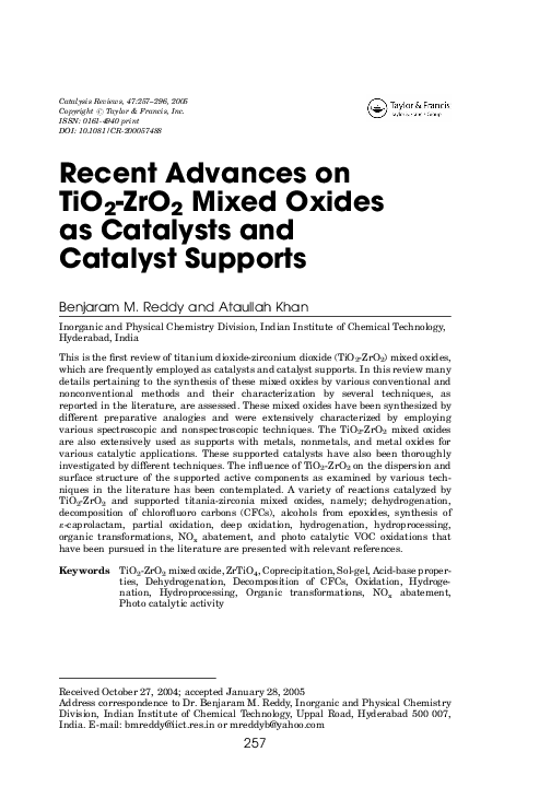 (PDF) Recent Advances on TiO 2 ‐ZrO 2 Mixed Oxides as Catalysts and ...