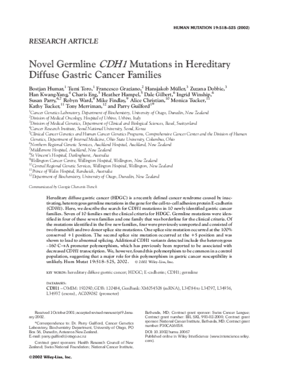 (PDF) Novel germlineCDH1 mutations in hereditary diffuse gastric cancer ...