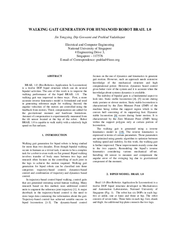 (PDF) Walking Gait Generation for Humanoid Robot Brail 1.0