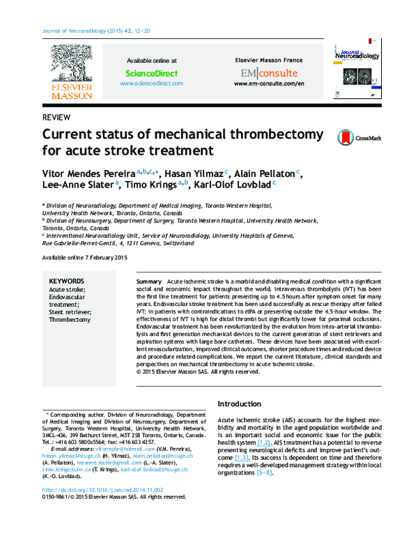 (PDF) Current status of mechanical thrombectomy for acute stroke treatment