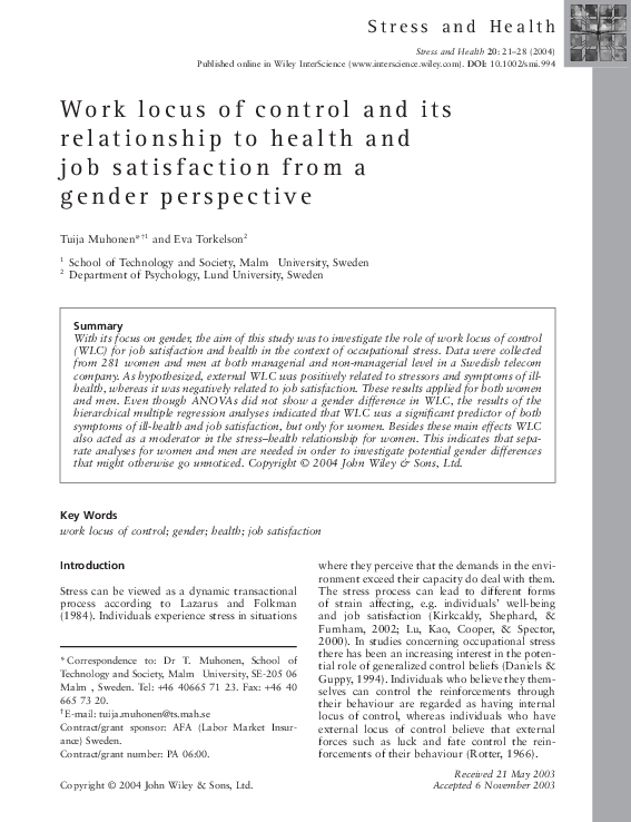 (PDF) Work locus of control and its relationship to health and job ...