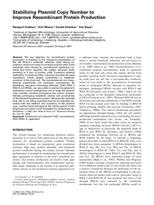 (PDF) Stabilizing plasmid copy number to improve protein production Karl Bayer