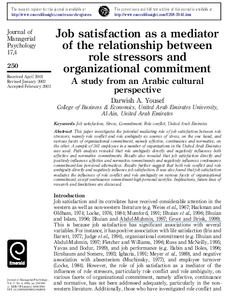 (PDF) Job satisfaction as a mediator of the relationship between role ...