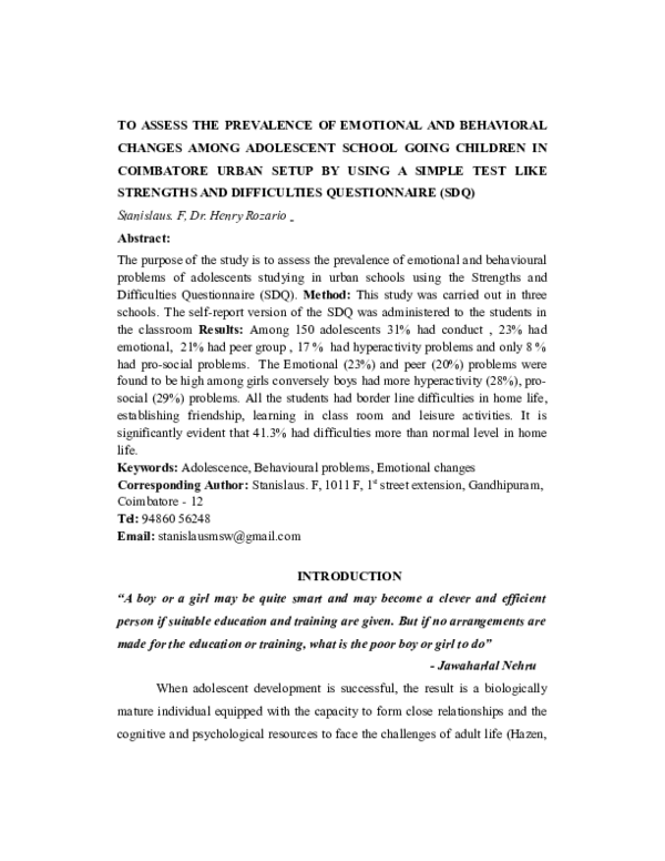 (DOC) TO ASSESS THE PREVALENCE OF EMOTIONAL AND BEHAVIORAL CHANGES ...