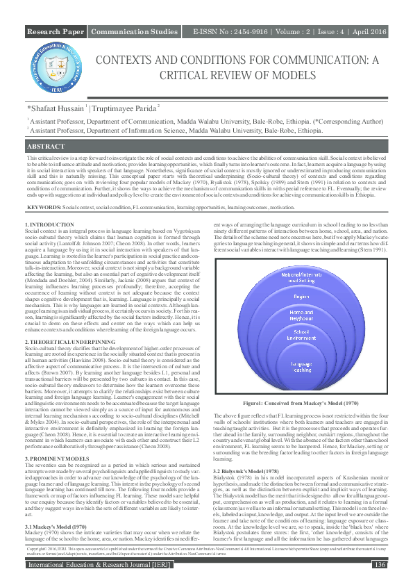 (PDF) CONTEXTS AND CONDITIONS FOR COMMUNICATION: A CRITICAL REVIEW OF ...