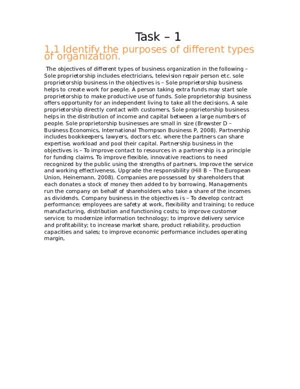 (DOC) Task – 1 1.1 Identify the purposes of different types of organization