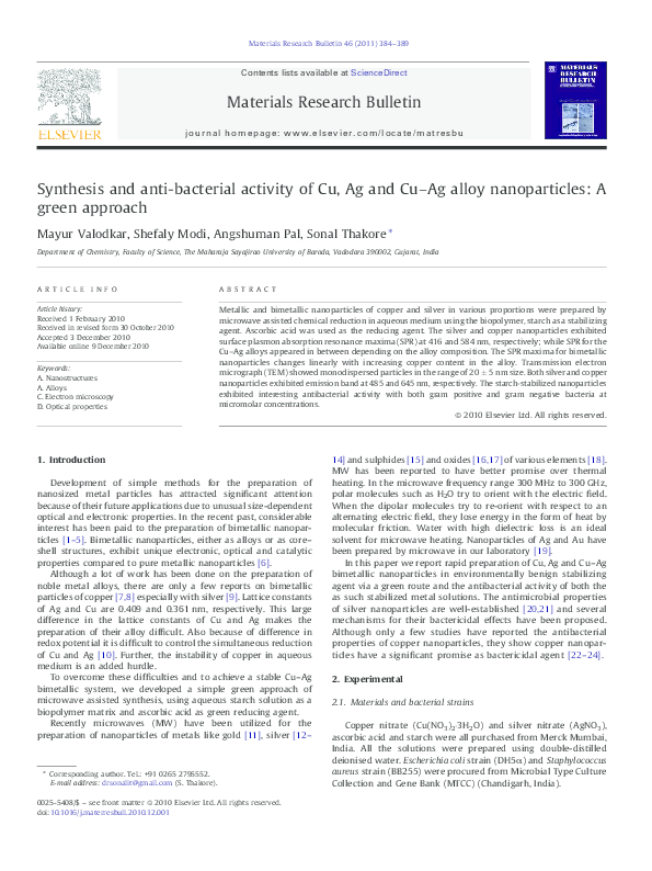 (PDF) Synthesis and anti-bacterial activity of Cu, Ag and Cu–Ag alloy ...