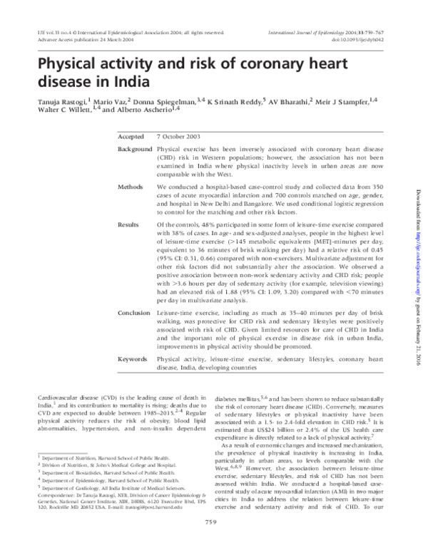 (PDF) Physical activity and risk of coronary heart disease in India