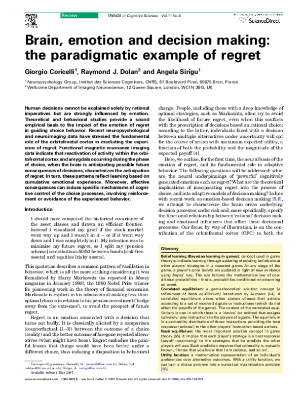 (PDF) Brain, emotion and decision making: the paradigmatic example of ...