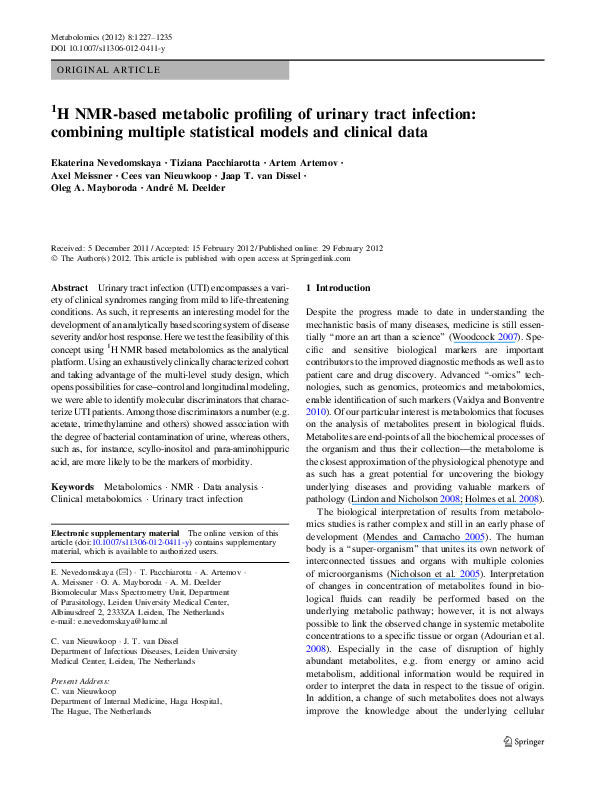 (PDF) 1H NMR-based metabolic profiling of urinary tract infection ...