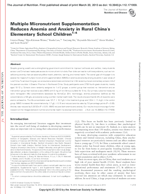 (PDF) Multiple Micronutrient Supplementation Reduces Anemia and Anxiety ...