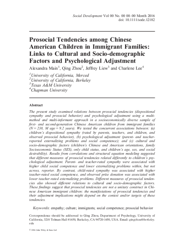 (PDF) Prosocial Tendencies among Chinese American Children in Immigrant ...