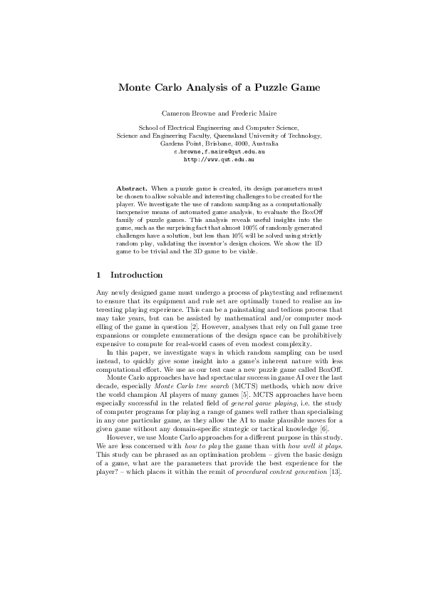 (PDF) Monte Carlo Analysis of a Puzzle Game Cameron Browne Academia.edu