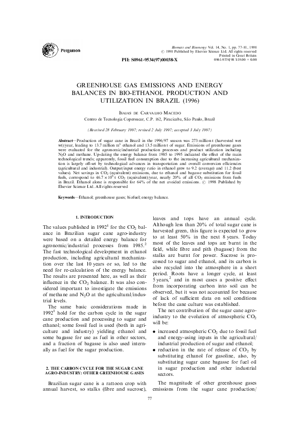 (PDF) Greenhouse gas emissions and energy balances in bio-ethanol ...