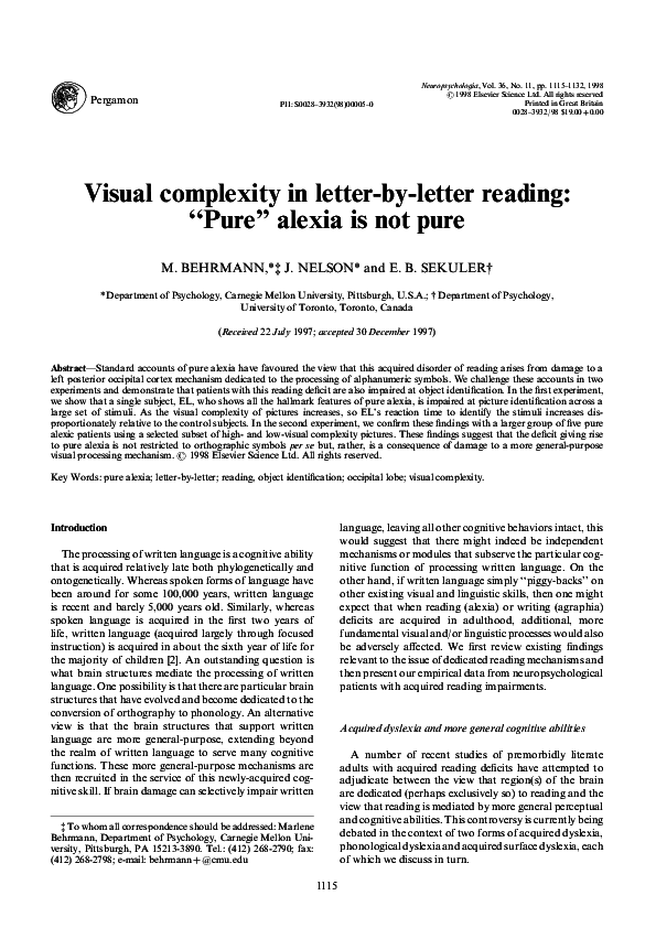 (PDF) Visual complexity in letter-by-letter reading: Pure alexia is not ...