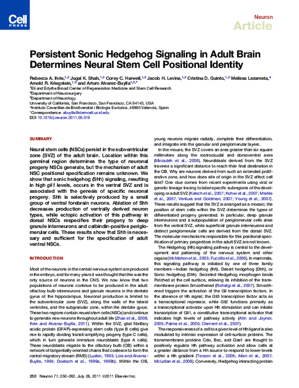 (PDF) Persistent Sonic Hedgehog Signaling in Adult Brain Determines ...