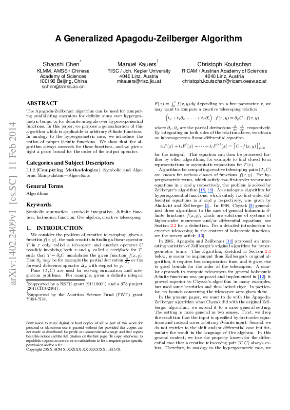 (PDF) A Generalized Apagodu-Zeilberger Algorithm