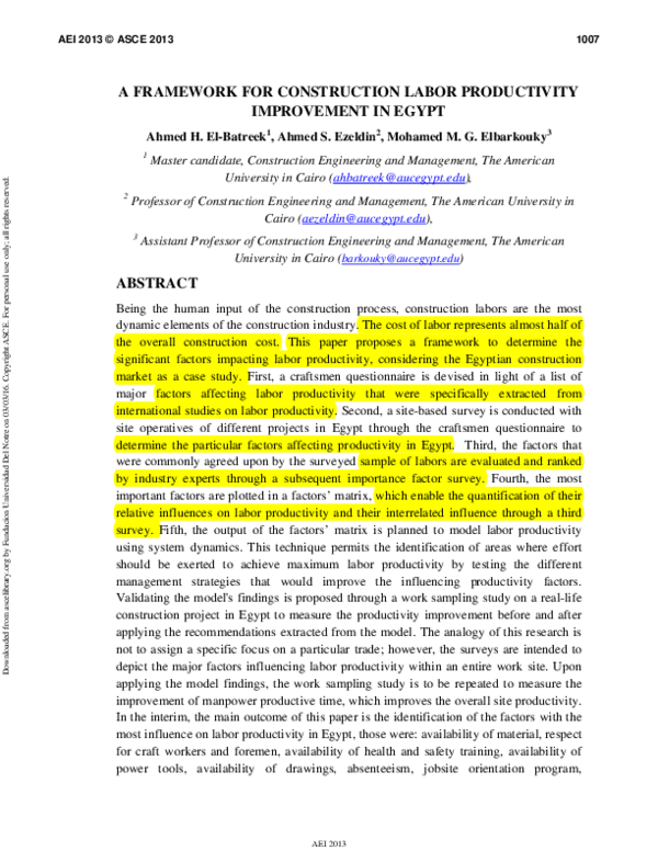 (PDF) A FRAMEWORK FOR CONSTRUCTION LABOR PRODUCTIVITY IMPROVEMENT IN EGYPT