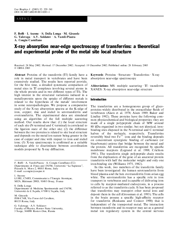 (PDF) Xray absorption nearedge spectroscopy of transferrins a