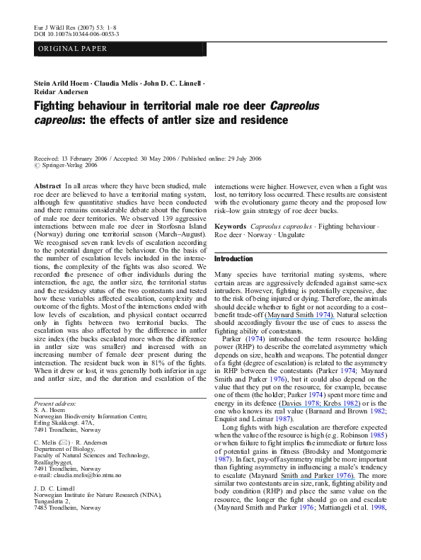 (PDF) Fighting behaviour in territorial male roe deer Capreolus ...