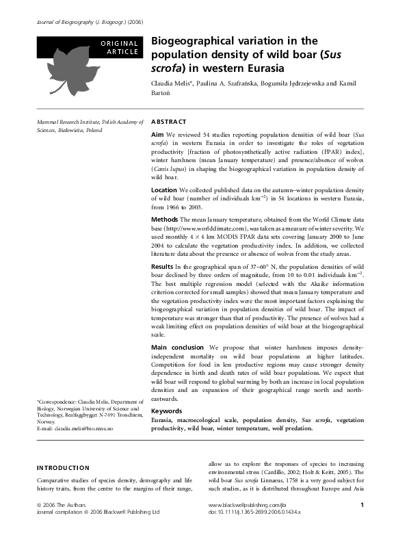 (PDF) Biogeographical variation in the population density of wild boar ...