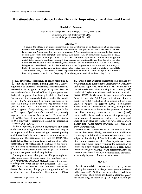 (PDF) Mutation-Selection Balance Under Genomic Imprinting at an ...