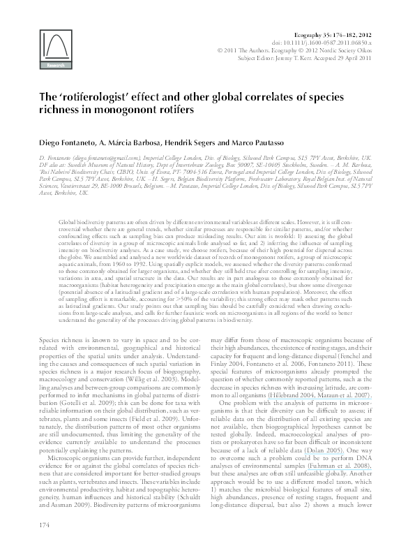 (PDF) The 'rotiferologist' effect and other global correlates of ...