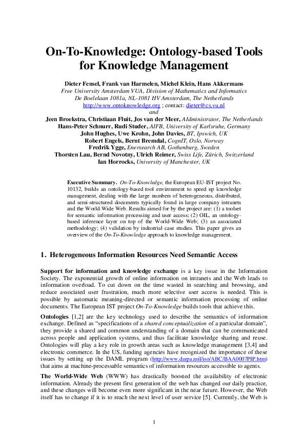 (PDF) On-to-knowledge: Ontology-based tools for knowledge management