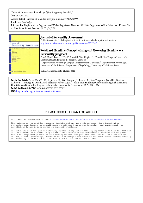Pdf Relational Humility Conceptualizing And Measuring Humility As A Personality Judgment Joshua Hook Academia Edu