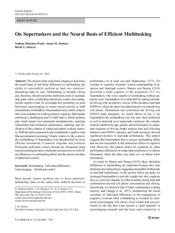 (PDF) On Supertaskers and the Neural Basis of Efficient Multitasking