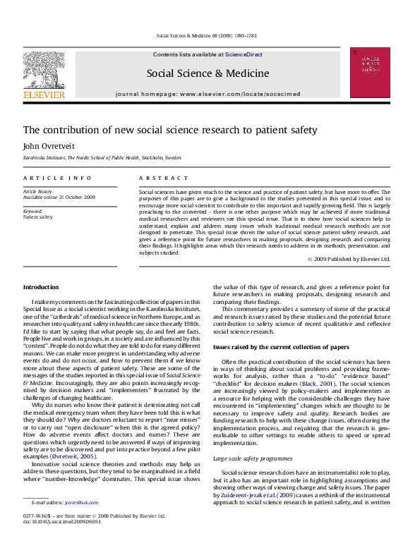 (PDF) The contribution of new social science research to patient safety