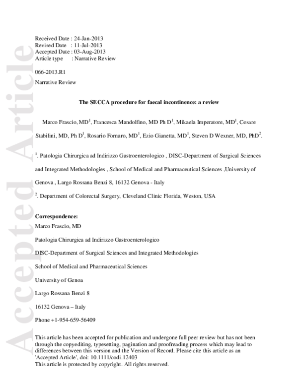 (PDF) The SECCA procedure for faecal incontinence: a review