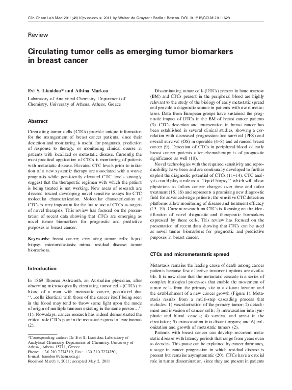 (PDF) Circulating tumor cells as emerging tumor biomarkers in breast cancer