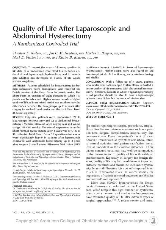(PDF) Quality of Life After Laparoscopic and Abdominal Hysterectomy
