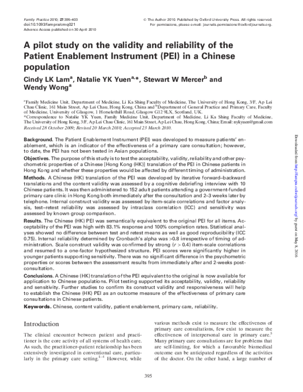 (PDF) A pilot study on the validity and reliability of the Patient ...