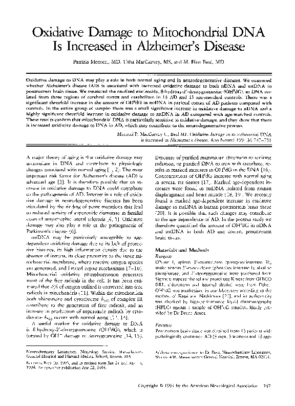 (PDF) Oxidative damage to mitochondrial DNA is increased in Alzheimer's ...
