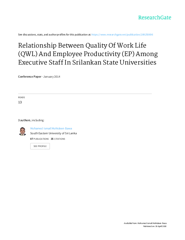 (PDF) Relationship Between Quality Of Work Life (QWL) And Employee ...